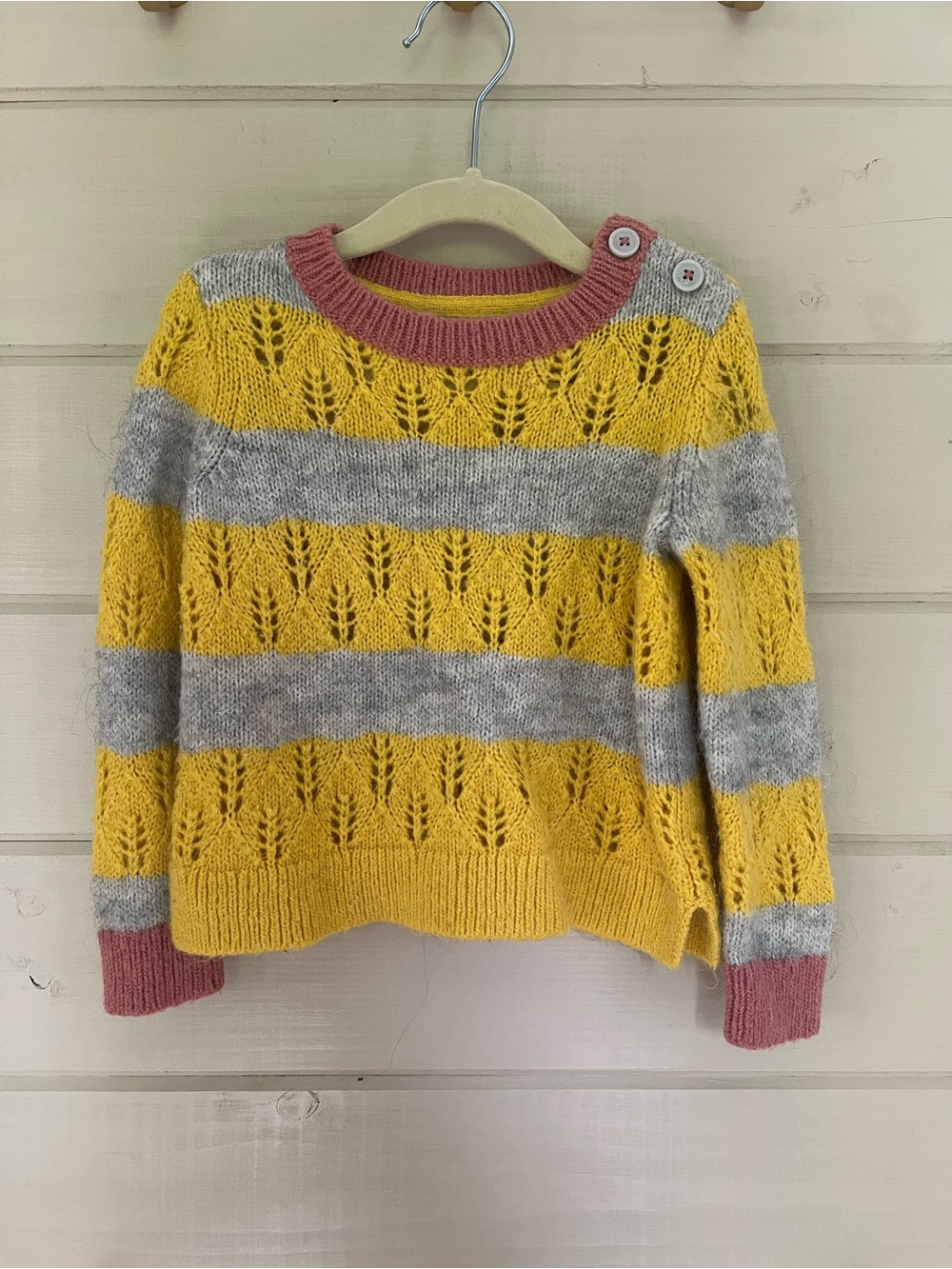 Boden Yellow, Gray & Pink Striped Lace-Knit Crew Sweater